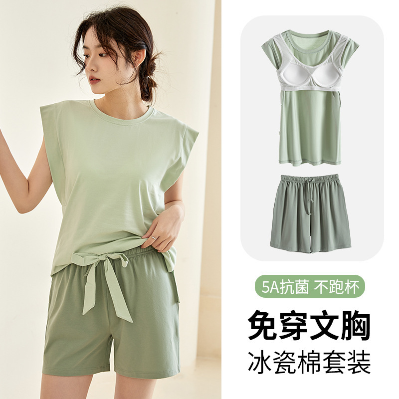 0902 Ice Porcelain Cotton Summer Home Clothes Sleeveless Pajamas with Breast Pads for Women Spring and Autumn Five-Point Shorts Thin Outing Suit