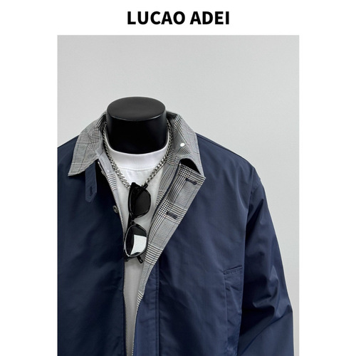 2025 autumn new style American contrast color checked lapel work minimalist loose casual navy blue jacket outer men