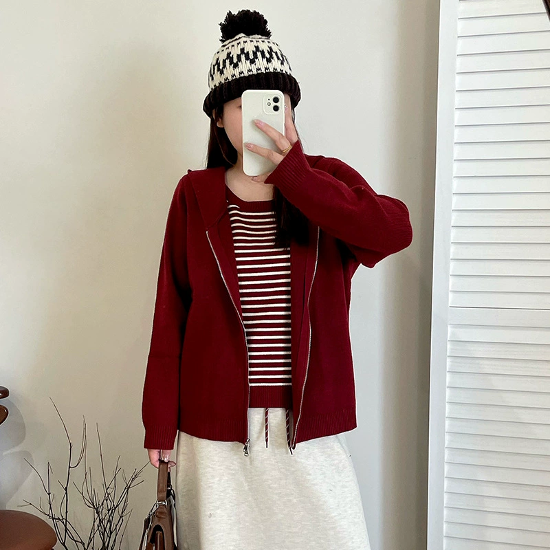 Женская повседневная куртка с капюшоном из двух частей больших размеров, зима 2025, свободный трикотаж, женский кардиган 23516