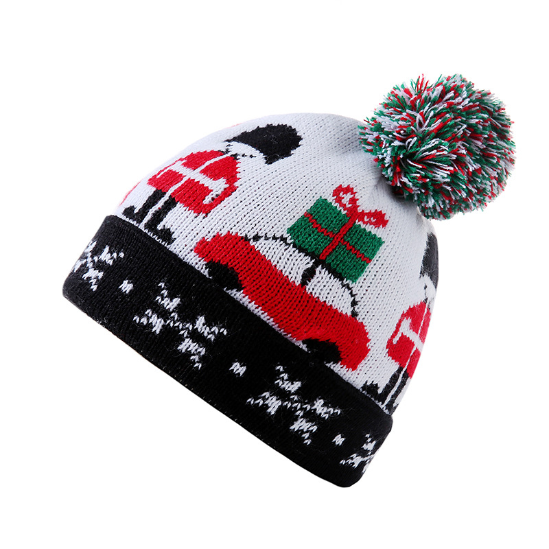 工厂现货儿童秋冬毛球翻边圣诞汽车针织帽万圣节创意礼物毛线帽