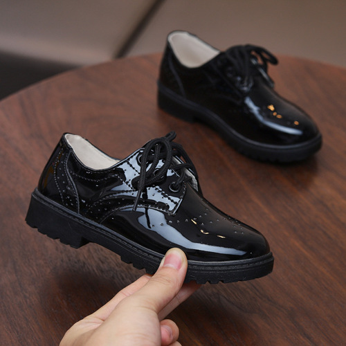 Boys' Black English Style Student Soft Sole Performance Shoes Spring and Autumn Flower Children's Suit Performance Shoes