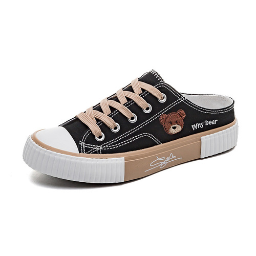 Bear canvas shoes for women  summer new low-cut casual sneakers, flat-soled trendy slippers, versatile half-slippers