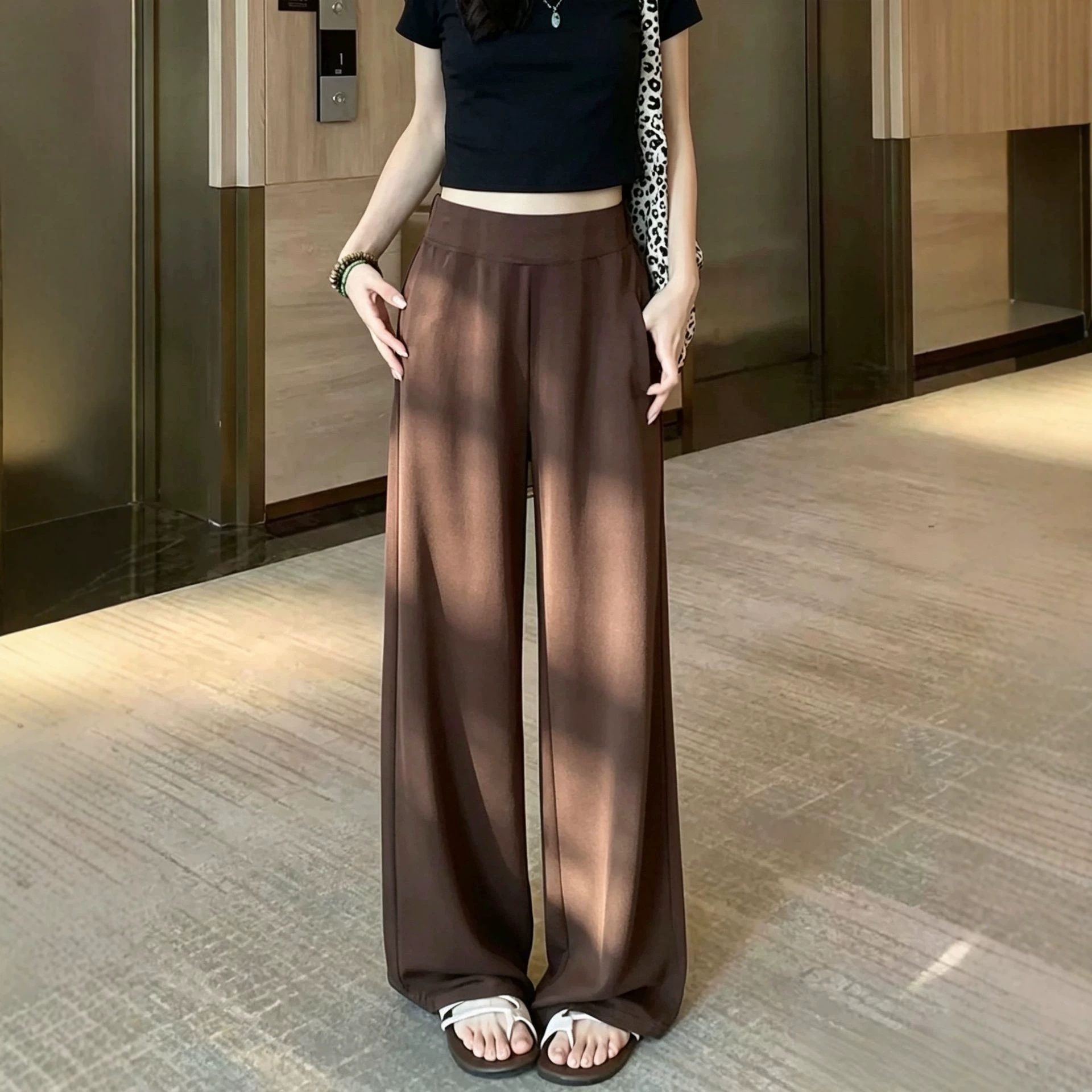 Early autumn new casual relaxed drapey pants with pocket design, comfortable slimming high-waisted wide-leg pants