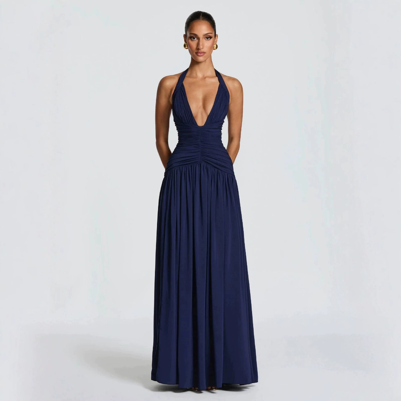 G26D471-European and American Cross-Border New Women's Clothing Solid Color Elegant Strapless Long Dress Evening Gown Amazon