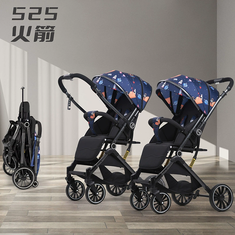 Stroller with seat, children's black trolley, can sit and lie