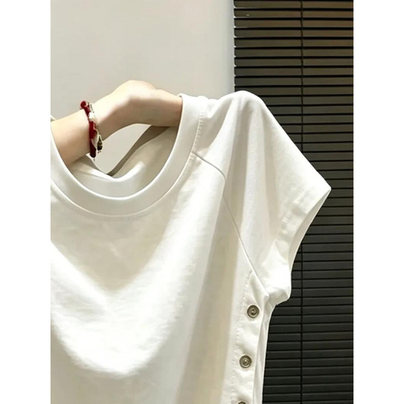 여름 디자인 감각 소크라운 블라우스 티셔츠 유니크 단추 트임 살구색 반팔 티셔츠녀