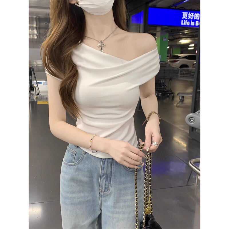 ユニークなワンショルダートップ 2025 夏ニッチスラントカラーオフショルダー半袖レディースフレンチスタイル Tシャツボトリングシャツ|undefined