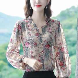 2025年夏季新款网红雪纺九分袖衬衫木耳花边减龄显瘦妈妈装上衣女