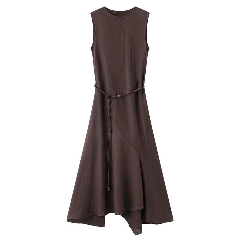 Ais Women's Sleeveless Linen Dress 2026 Summer New Elegant Tie-Waist Slimming Long Dress 2177