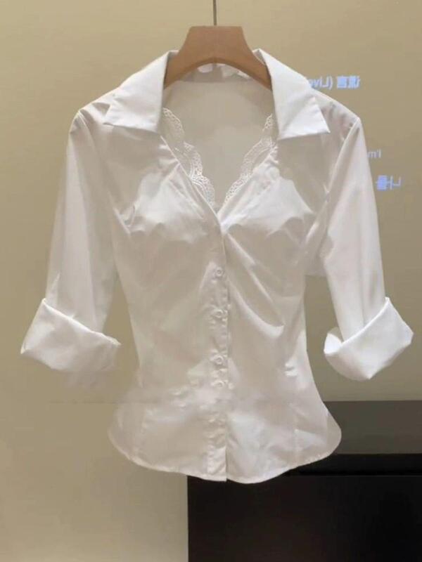 2026 New Pure Desire Slim-Fit Long-Sleeve Shirt with Lace Collar, Versatile Women's Blouse