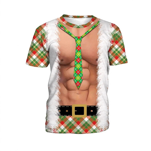 Fashionable 3D Merry Christmas printed T-shirt   False muscle series printed Christmas short-sleeved T-shirt
