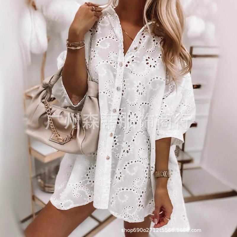 2025 European and American foreign trade Amazon women's loose lapel short sleeve single breasted fashion temperament lace long shirt