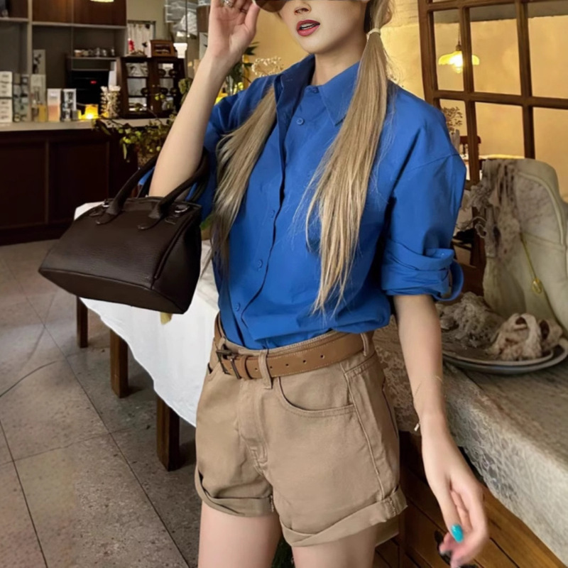 "Prussian Blue" Klein Blue Long-Sleeved Shirt Women's Korean Spring & Fall Shirt Design Top