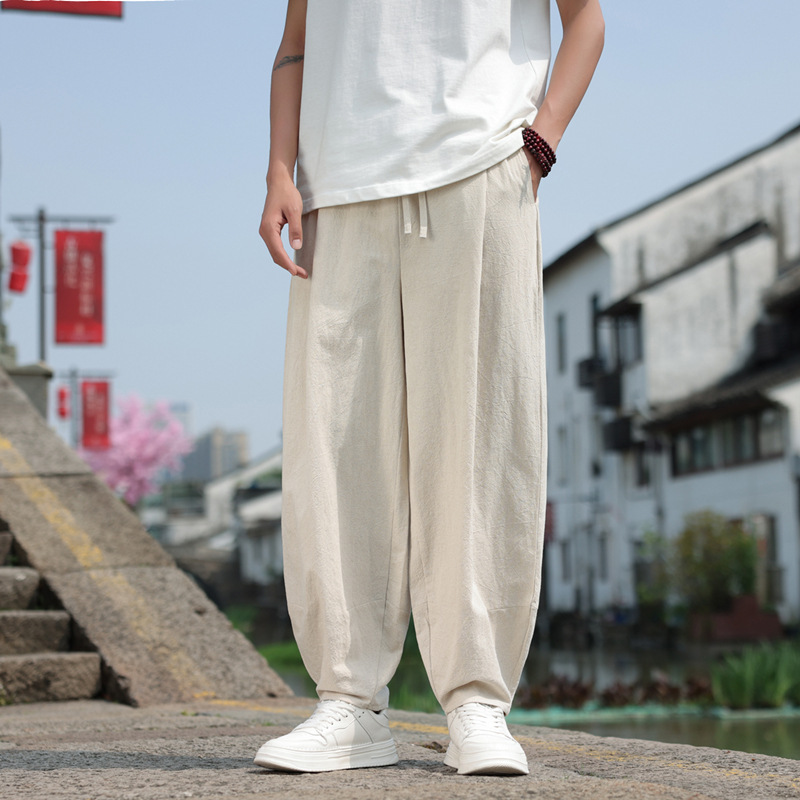 2025 New Chinese Style Men's Cotton Linen Loose Ankle-length Pants Bloomers Trousers Linen Radish Pants Harlan Trendy Pants