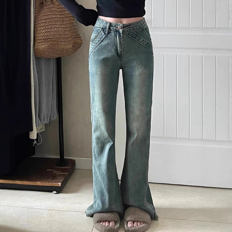 [Non-real shot] Retro Design Sense Trendy Micro-flared Jeans Women's Low-waisted Spice Girl Stretch Mop Pants