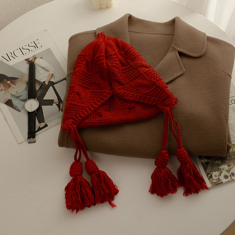 Pull à pompon en laine rouge pour enfants, chapeau de protection des oreilles tricoté à la main, rouge, pour le Nouvel An, Noël, hiver_voghion.com