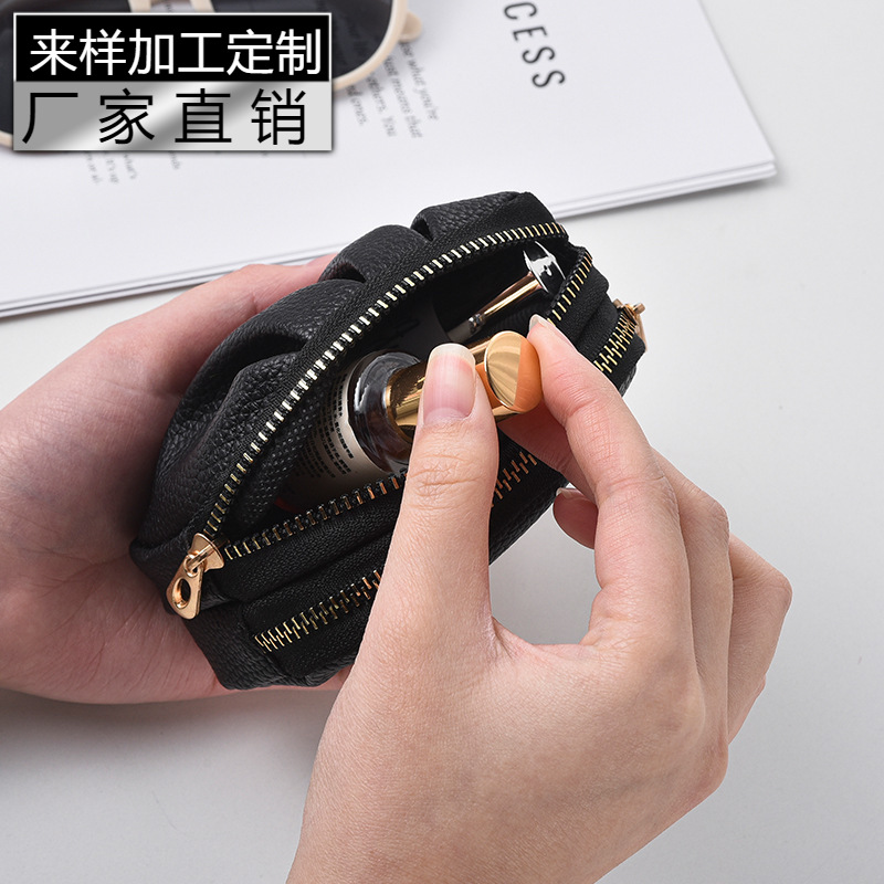 小钱包零钱包女简约真皮多功能实用气质褶皱款双层拉链硬币包女士