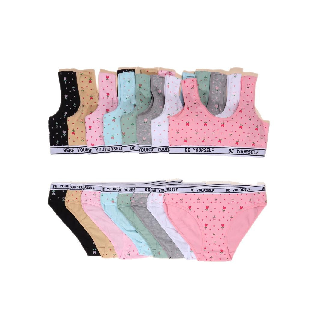 Impresión linda niña ropa interior niña período de desarrollo sujetador algodón deporte a prueba de golpes chaleco de copa fija traje de bragas