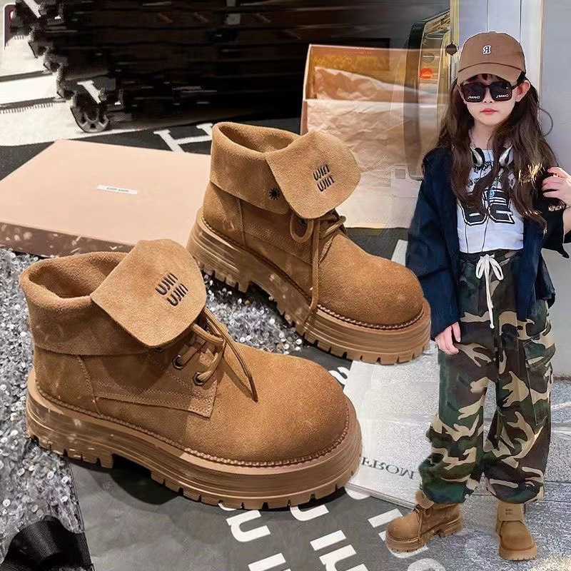 2025春秋の新型のフロストレトロなマーティンは春秋の女の子の男の子の子供の厚い底の襟のショートブーツの大黄を覆います。|undefined
