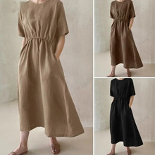 2024亚马逊外贸棉麻女装宽松大码纯色短袖束腰腰带开叉连衣裙