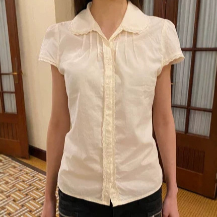 Bm Style American Casual Cotton Lace Patchwork Doll Collar Shirt Short-Sleeved Bm Puff-Sleeved Sweet Waist-Cinching Top for Women