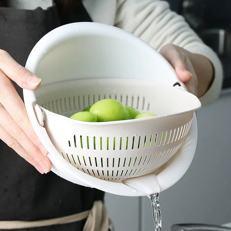Double-layer plastic fruit drying rack and basket for home use in white, grey, or apricot