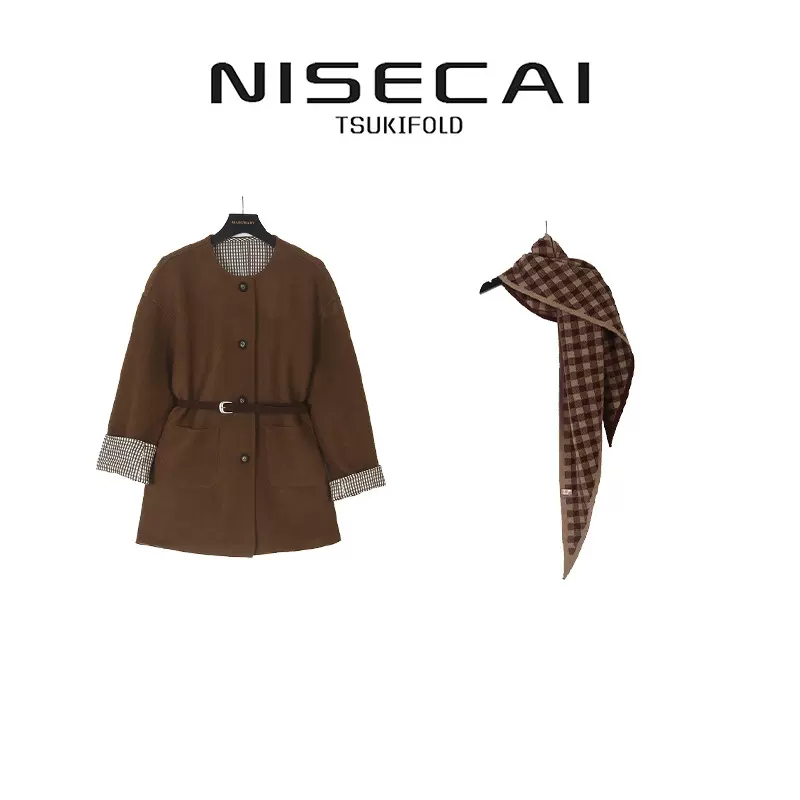 格纹拼接灯笼袖短外套圆领简约百搭休闲小个子风衣（22810269）