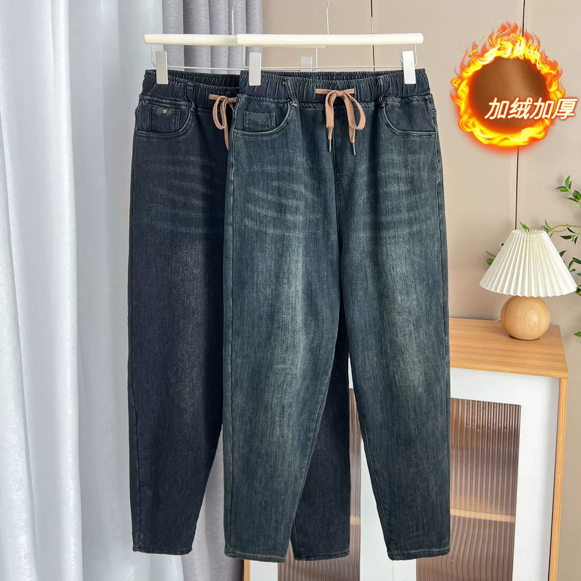 Осень/зима 220 кг Толстая сестра тонкие флисовые подкладки на шнурке джинсовые брюки Harlan Большие размеры женские теплые леггинсы 1769