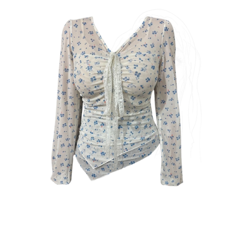 French-Style Pure Desire Floral Long-Sleeve Lace-Up T-Shirt for Women, New Summer Design with Irregular Hem, Trendy Top