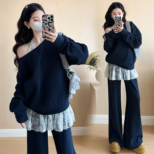 2025 spring new fashion design sense oblique shoulder sweater pregnant women suit pig nose buckle adjustment lace hanging neck