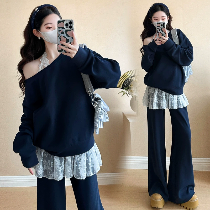 2025 весна новый модный дизайн ощущает косые плечи свитера для беременных костюм свиной нос с регулируемой кружевной шеей