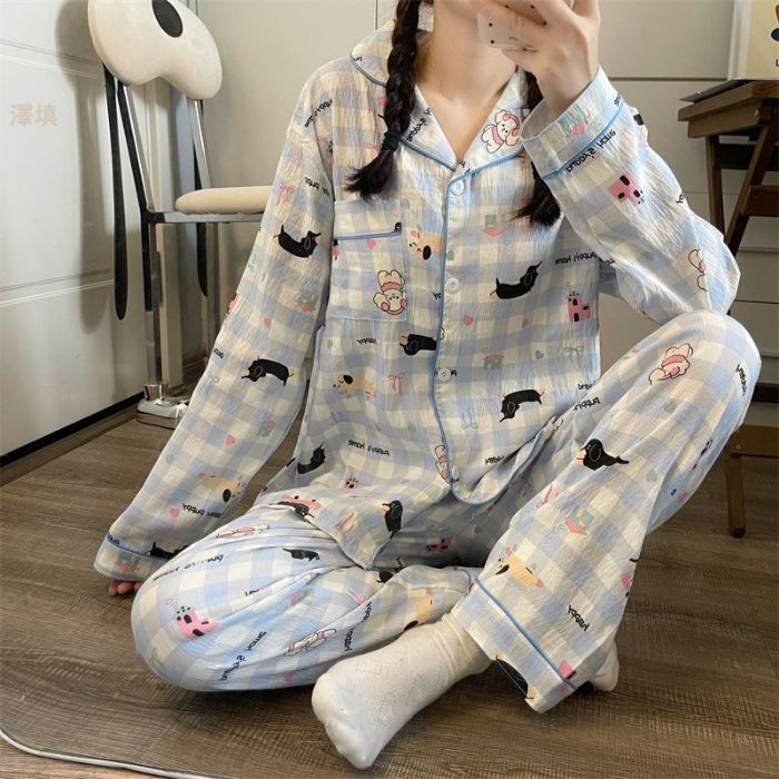 Al por mayor transfronterizo primavera y otoño nuevo pijama de mujer nubes de algodón con solapa cardigan de manga larga pantalones dulces set de ropa para el hogar