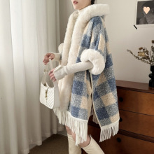 跨境格子纹加绒加厚毛领斗篷针织披肩中长款大衣大码高级感外套