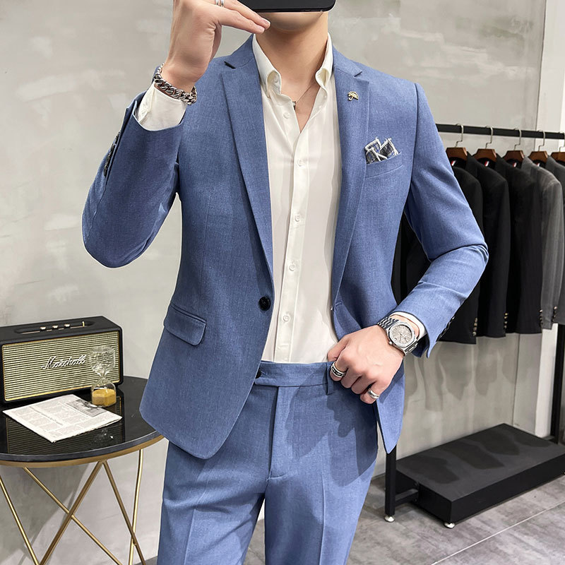 2022 spring men's solid color one button suit two-piece suit slim fit fashion anchor light mature suit suit
