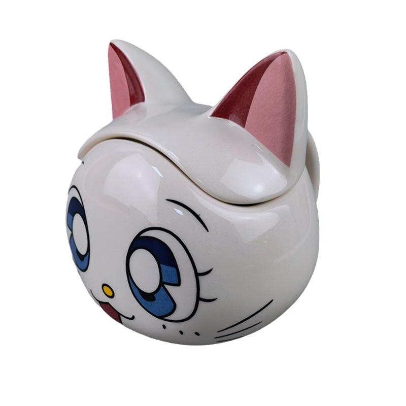 Taza de gato de la suerte cuidadosamente seleccionada para niñas, taza de cerámica bonita y creativa, taza con tapa, taza de agua para oficina, taza para parejas