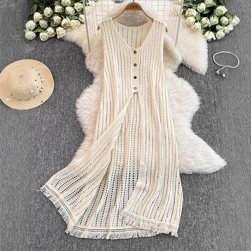 Women's Summer Slit-Cut Layered Shirt with a Carefully Selected White Design Niche Lace Tassel Knit Dress