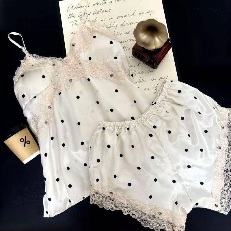 Women’s Ice Silk Lace Camisole Nightgown Set, Polka Dot Two-Piece Loungewear, Plus Size — detail image 5