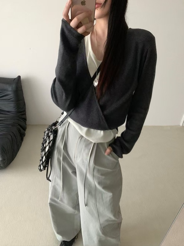 MUYAG 温柔蓝色拼灰背心 绑带假两件针织衫开衫 女假套式毛衣女|undefined