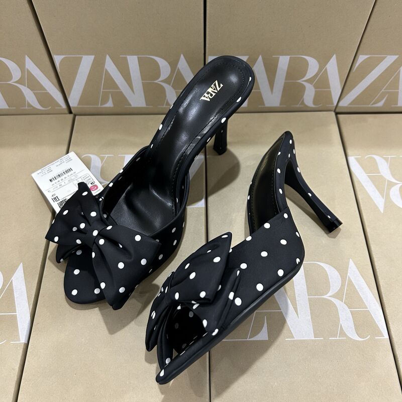 Za2026 New Satin Effect High-Heeled Slippers with Polka Dots and Bowknot, Stiletto Heel Sandals, Fashionable and Versatile Women's Shoes