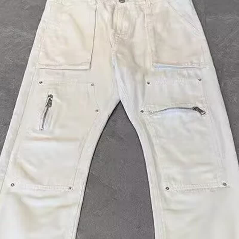 Unisex Boyfriend Style White Denim Jeans Rivet Design Straight Leg Trendy Floor Length Pants American High Street_mkmklike.com
