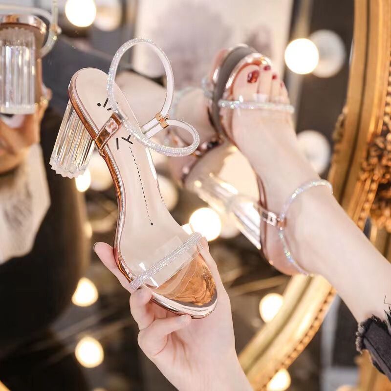 Crystal High Heels Women's 2021 New Cyber Celebrity Transparent French Style Shoes with Sandals Fairy Style High Heels and Thick Heels for Summer