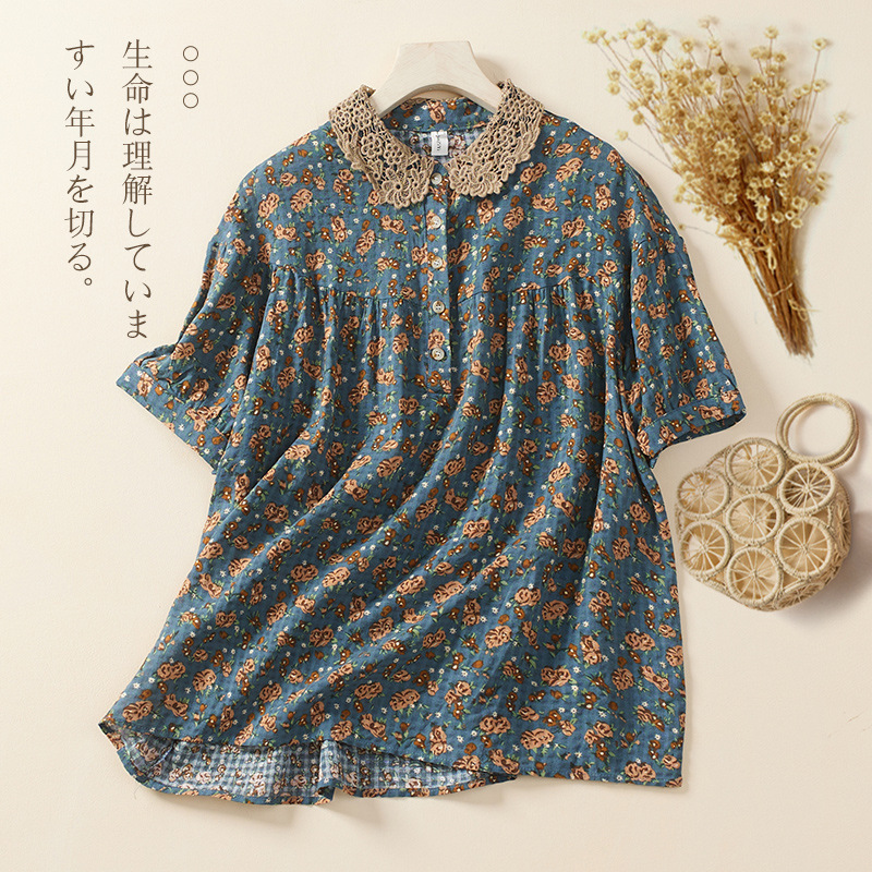 Cotton Vintage-Style Floral Short-Sleeve T-Shirt for Women, Summer New Lace Doll Collar Loose Top