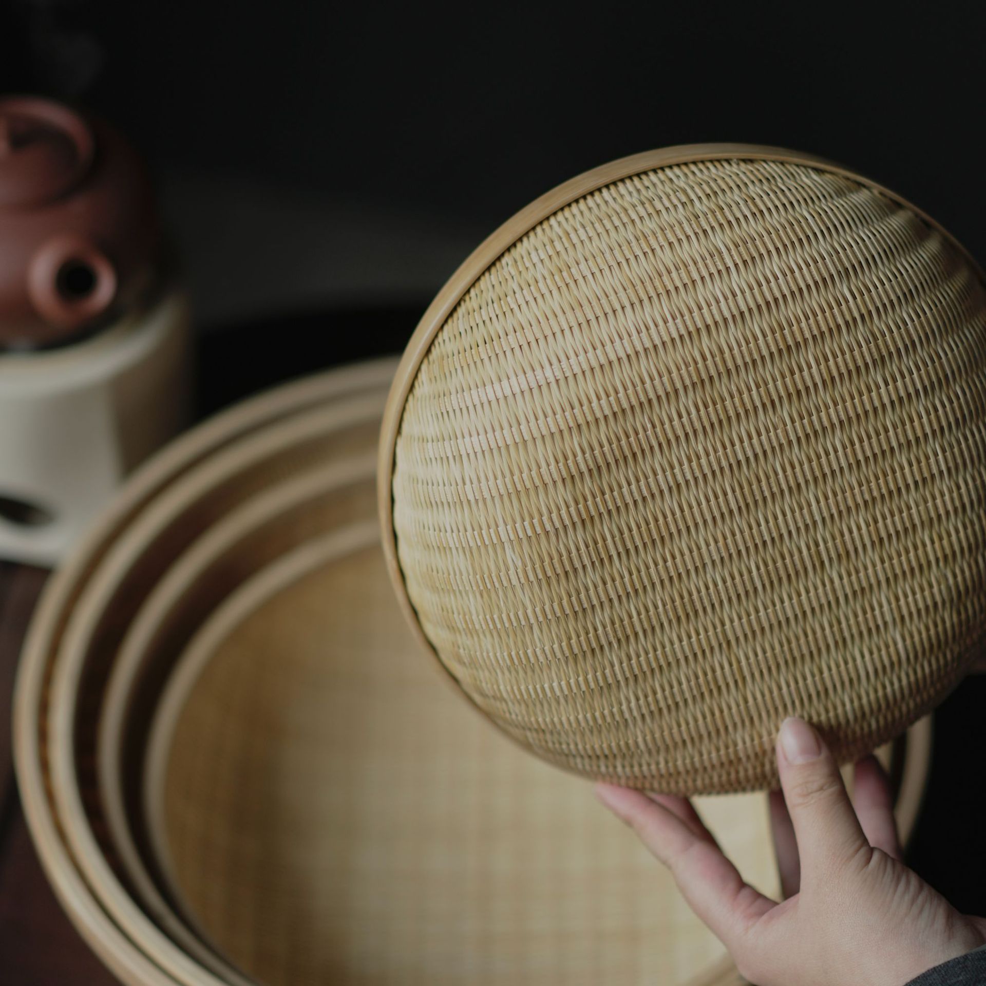 Cestas de bambú trenzadas, cestas de almacenamiento, placas de frutas hechas a mano, cestas de aguja, cestas de aguja, utensilios de té, almacenamiento de artículos