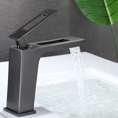 Gun gray bathroom washbasin faucet bathroom cabinet basin Nordic creative waterfall faucet hot and cold all copper