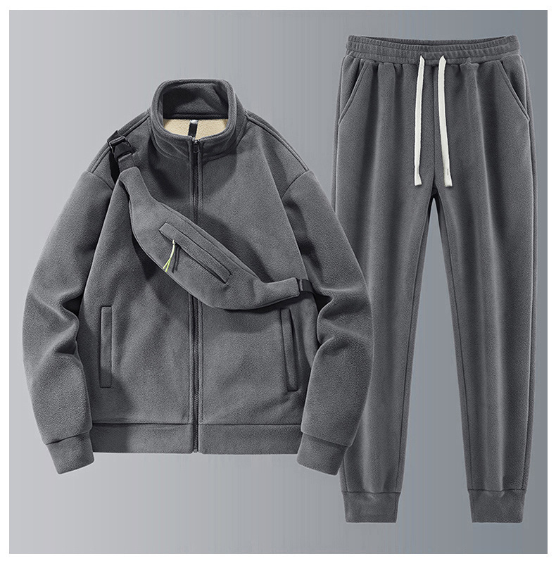 Men's Clothing Men's autumn and winter new polar fleece thick warm suit loose stand collar jacket fashionable and casual complete set_voghion.com