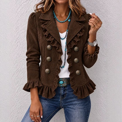 Annuo's Self-Developed Cross-Border Women's Retro Suede Jacket with Ruffled Edges, Turn-Down Collar, Single-Breasted, and Ruffle Trim