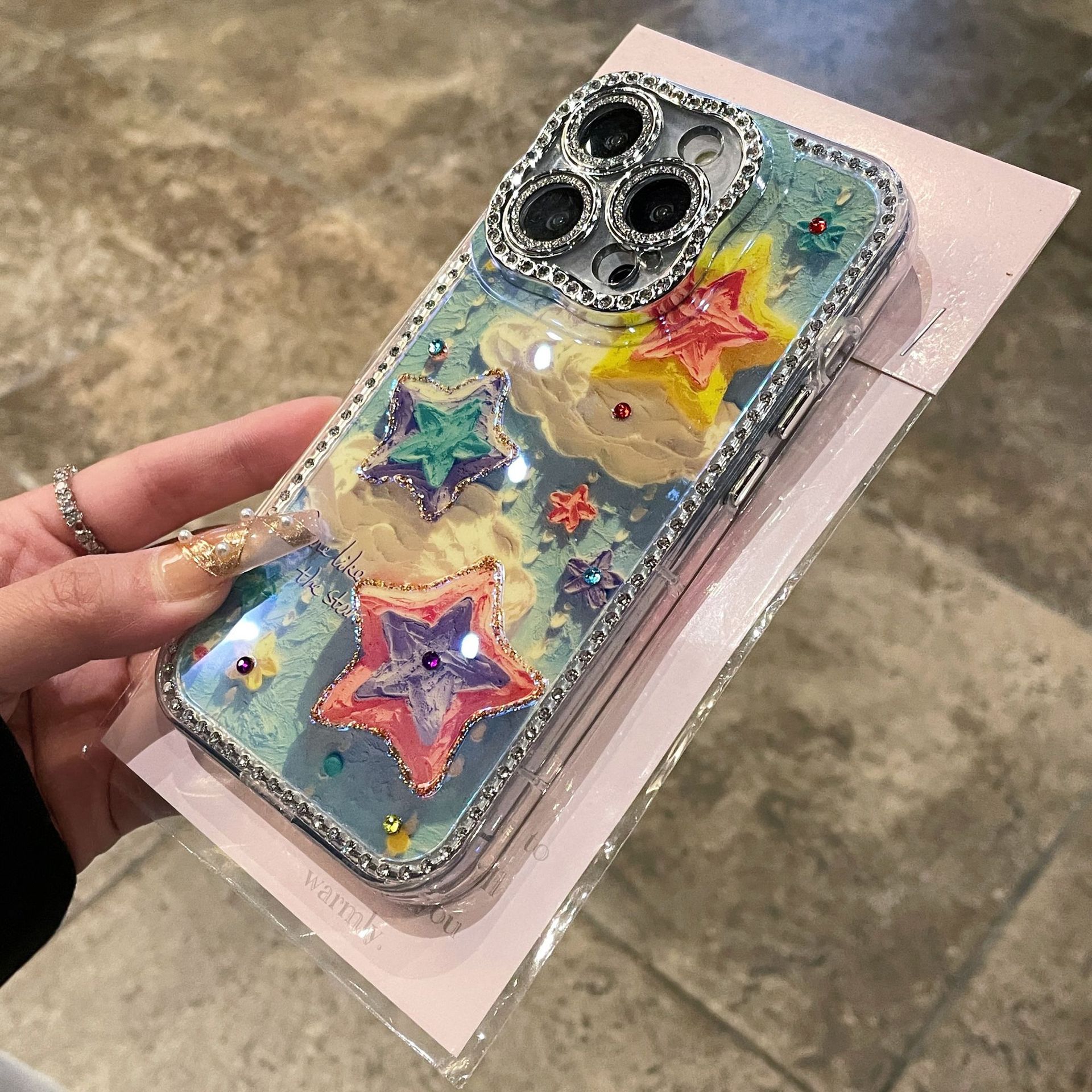 Pintura al óleo estilo ins, nubes, estrellas, para la carcasa del teléfono iphone15 16ProMax Apple 13/14, orificio fino, borde retorcido