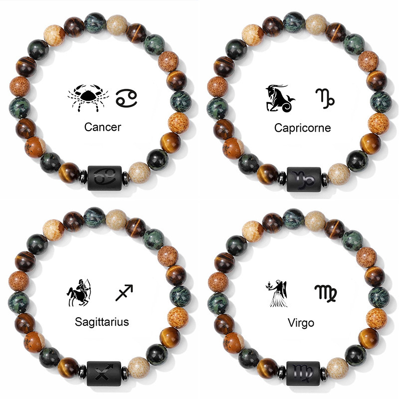 Twelve Constellation Bracelet 8mm Tiger Eye Picture Stone Bracelet Handmade Natural Stone Beaded Constellation Card Bracelet