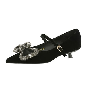 2388-H123 Korean style professional low heeled single buckle with rhinestone bow decoration pointed shallow mouth single