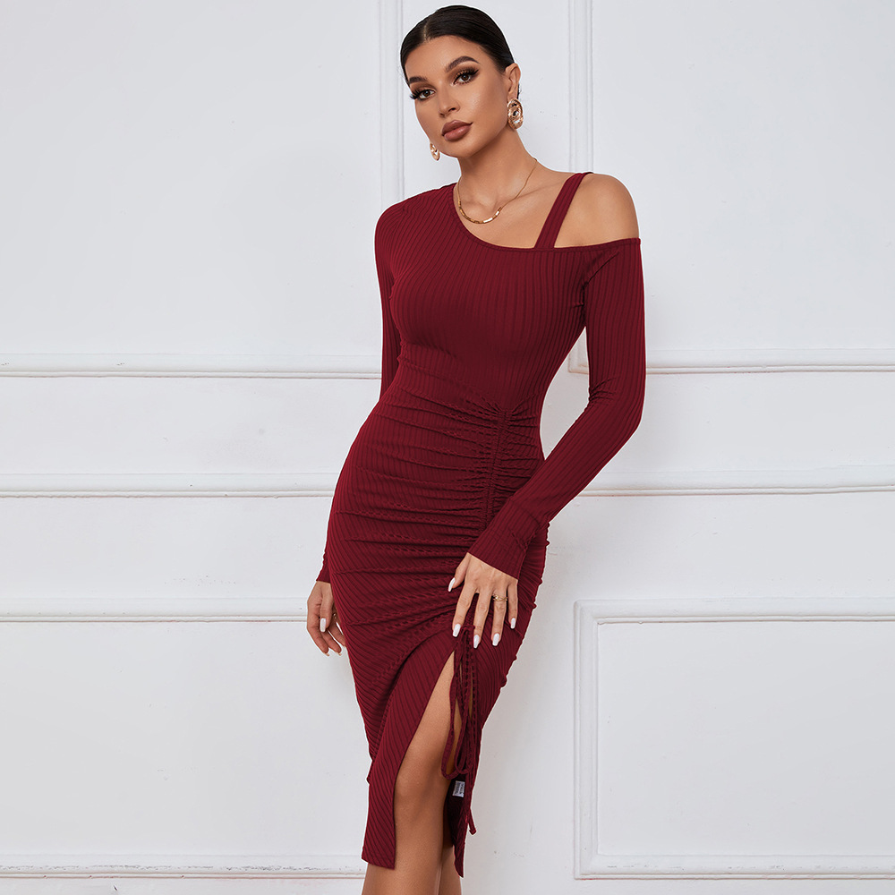 Womens Long Sleeve Dress Drawstring Side Slit Off Shoulder Autumn Winter Bodycon Style Wholesale Available